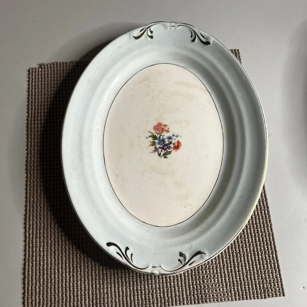 Vintage Crown Potteries Co Floral Oval Serving Platter Gold Trim Made in USA 13